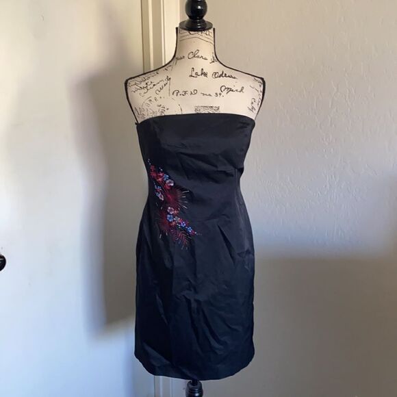Vintage Y2K Express Black Strapless Floral Embroidered Dress 2000’s Feminine - Picture 1 of 9